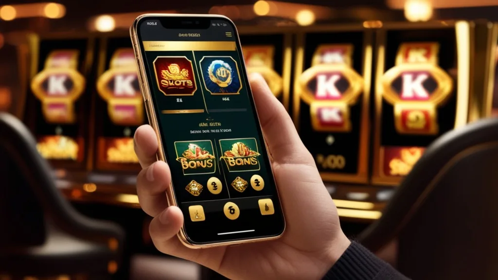 Nutzer mit Smartphone und mobiler App-Übersicht im Casino-Look