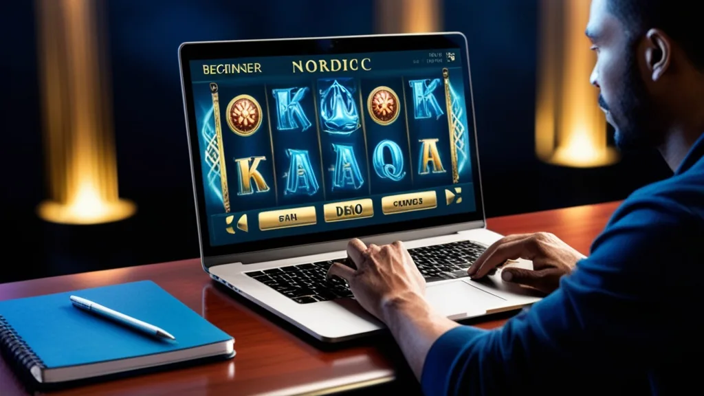 Einsteiger nutzt den Demo-Modus an einem nordisch gestalteten Slot im Casino-Look