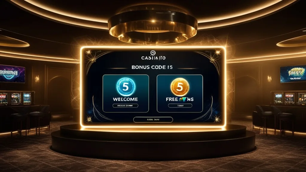 Dunkle Casino-Lobby mit Bonusanzeige, Freispiele-Symbolen und Code-Eingabefeld