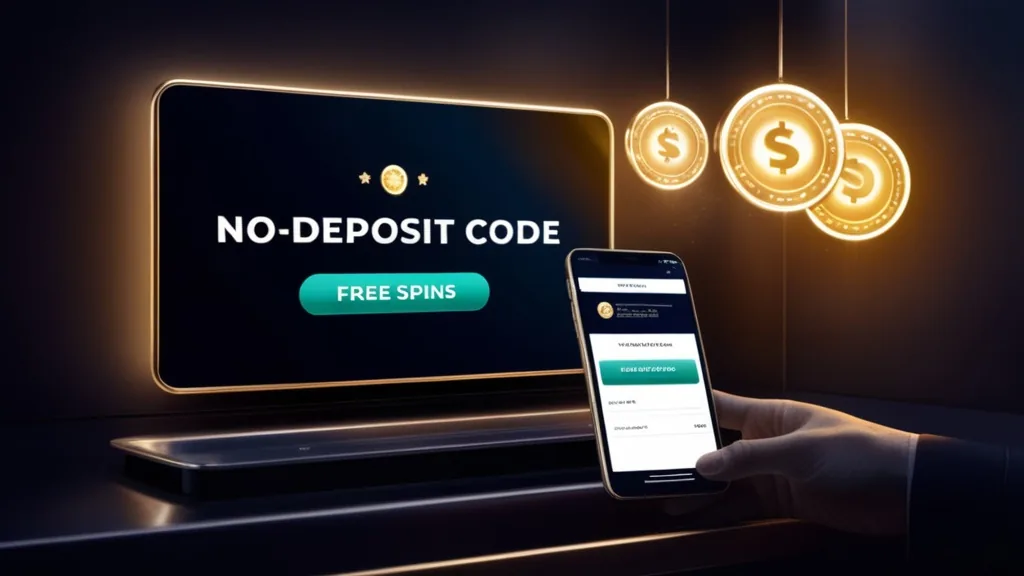 No-Deposit-Promo mit Codeanzeige und Verifizierung in dunkler Casino-Stimmung