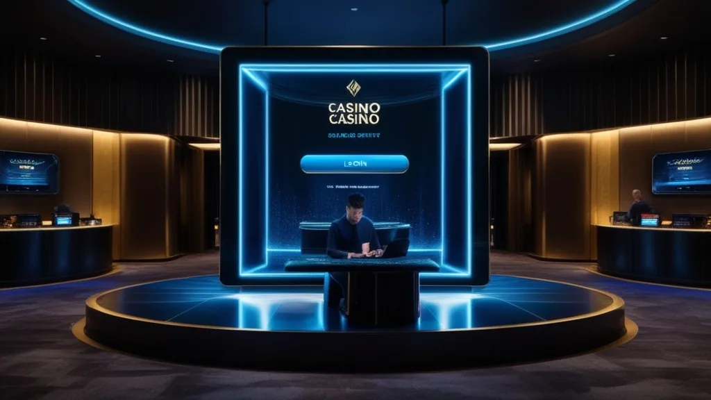 Dunkle Casino-Szene mit Login-Bildschirm und digitalem Zugang