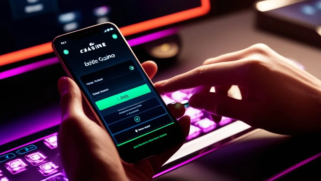 Smartphone mit Login-Seite in dunkler Casino-Atmosphäre