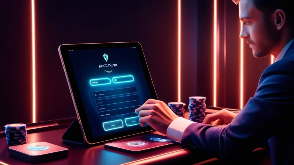 Registrierungsformular in einer dunklen Casino-Umgebung auf einem Tablet